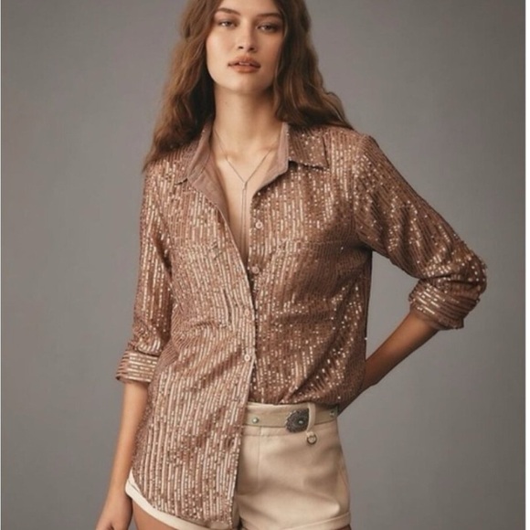 Anthropologie The Remie Sequined Brown Shirt - Picture 2 of 8